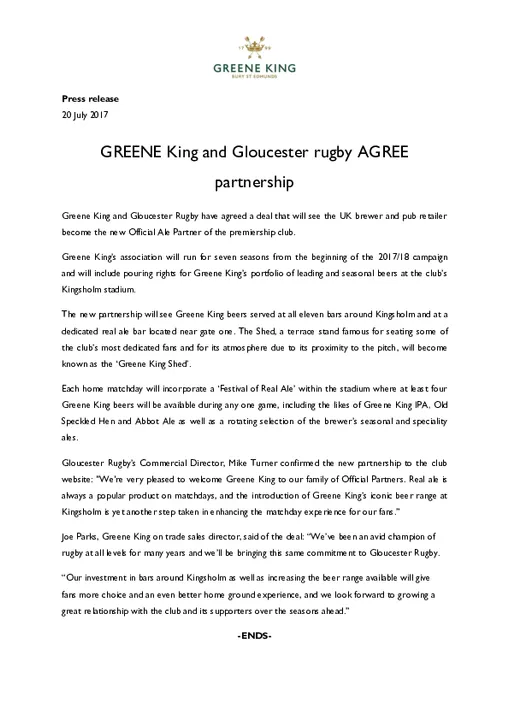 Greene King and Gloucester Rugby agree partnership