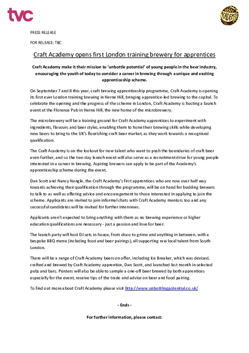 Craft Academy unveils London training brewery