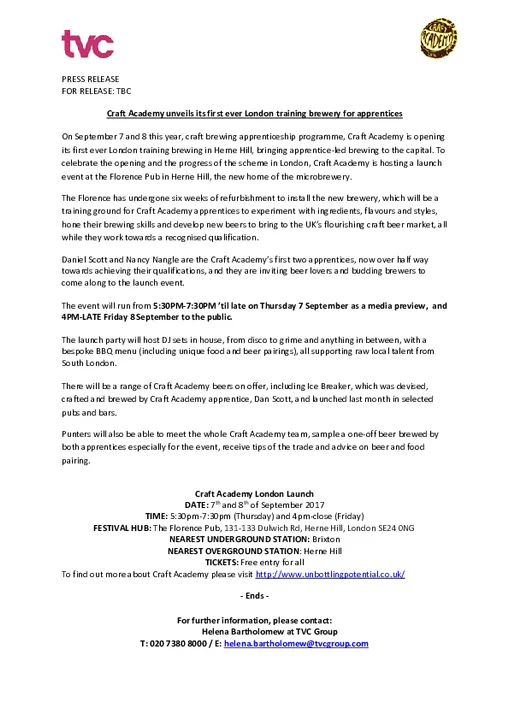 Craft Academy unveils London training brewery